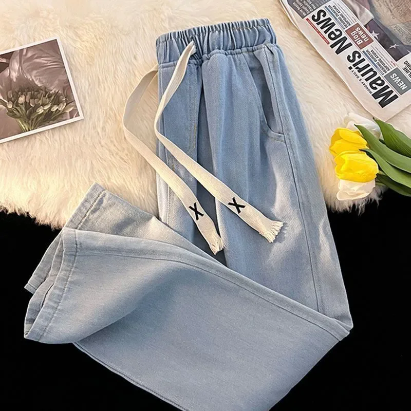 Wide Leg Jeans Women's Fashion Loose Elasto Waist Lace Straight All-Match Dipped Denim Pants 2024 New Spring Autumn Trousers