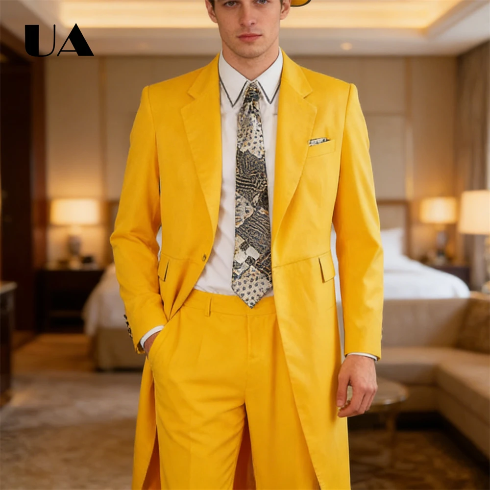 Men's Yellow Tailored Longline Suit 2-Piece Blazer & Pants Formal Cosplay Retro British Style Wedding Guest Party Outfit