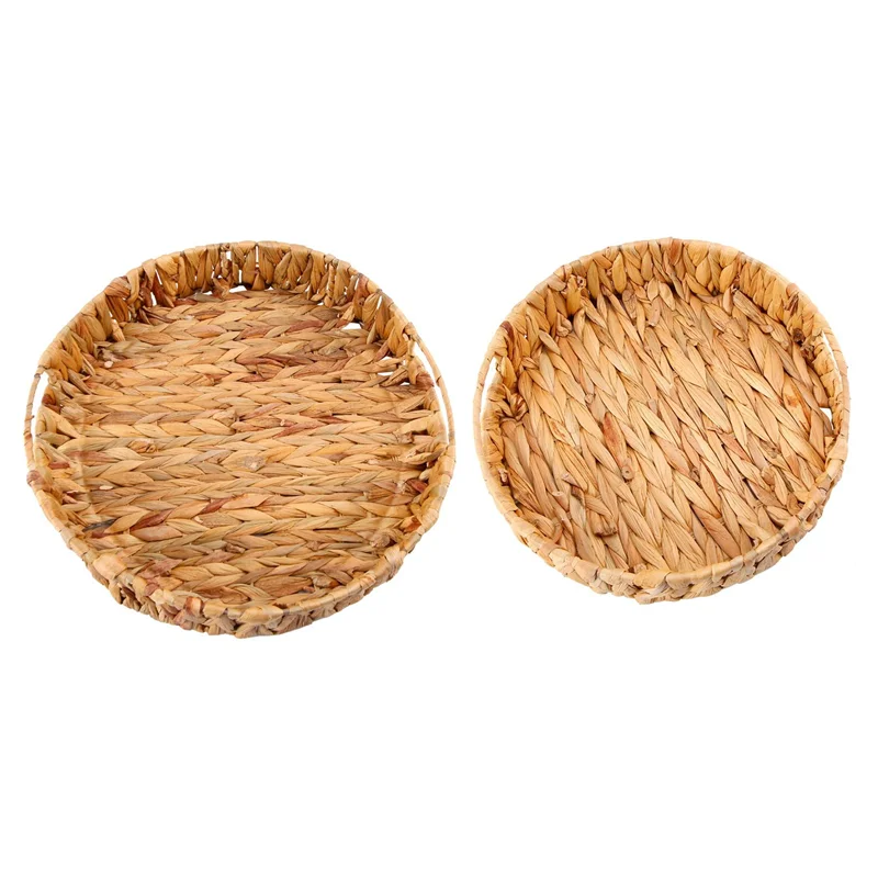 2Pcs Round Braided Tray Made of Seagrass Water Hyacinth Set 33cm + 28cm Diameter Fruit Bowl