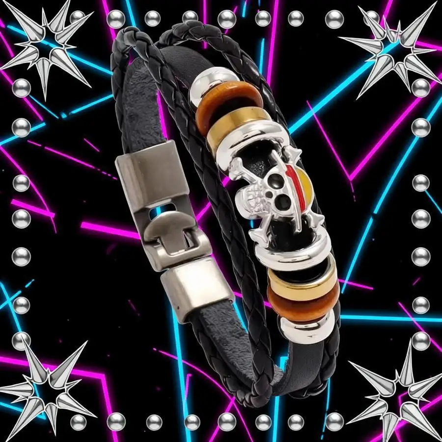 Anime One Piece Luffy Armband Spielzeug Actionfigur Punk Schwarzes Leder Geflochtenes Punk-Rock-Armband Geburtstagsgeschenke Spielzeug