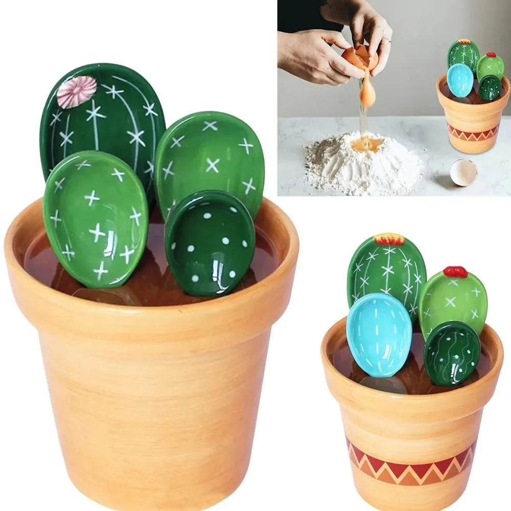 Flower Pot Ceramic Measuring Spoons Set with Base Cactus Shape Baking Spoons Space Saving Cactus Ornament Baking Use