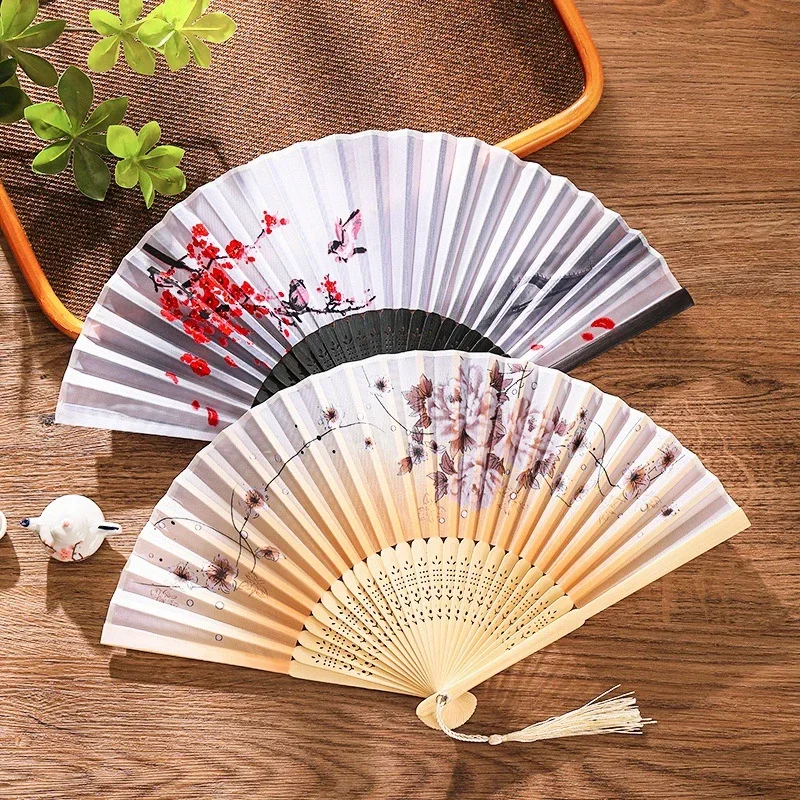 Vintage Silk Folding Fan Chinese Japanese Art Crafts Gift Home Decorations Dance Hand Fan Bamboo Room Decor Wood Fans view 2