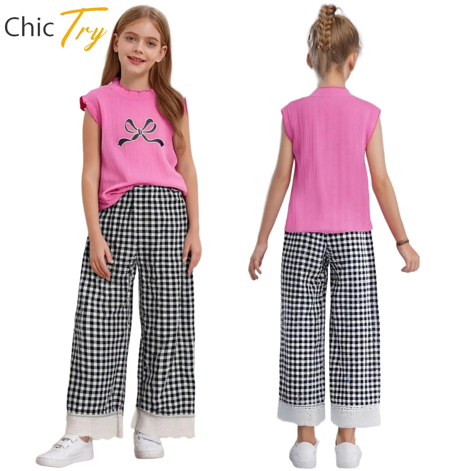 

Stylish New Kids Girls Casual Outfit Ruffle Bow Printed Sleeveless Top with Lace Trim Pants for Birthday Holiday Vacation Beach