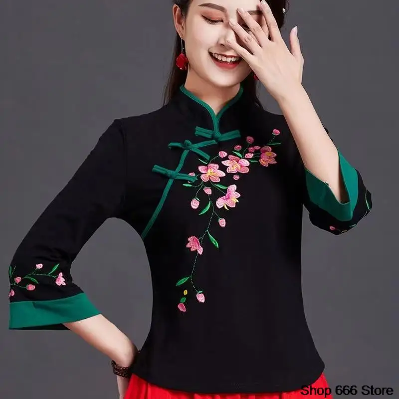 Tradizionale cinese donna stile etnico Top Retro Pan Button t-shirt cotone lino ricamo elastico confortevole Top Qipao Hanfu