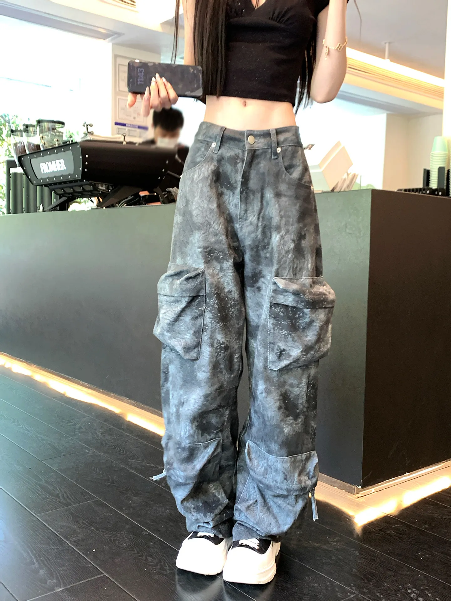 

Cool ey Bla Tie Dye Workwear Pants Multiple ket Design High Waist Straight Leg Cotton Casual Trousers for Women