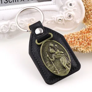 Chaveiros feitos de couro pu para homens, cadeia com charme Saint Michael, tag preta, gancho banhado a bronze antigo, porta-chaves do carro 8 principais vendas chaveiro de são cristovão - №5