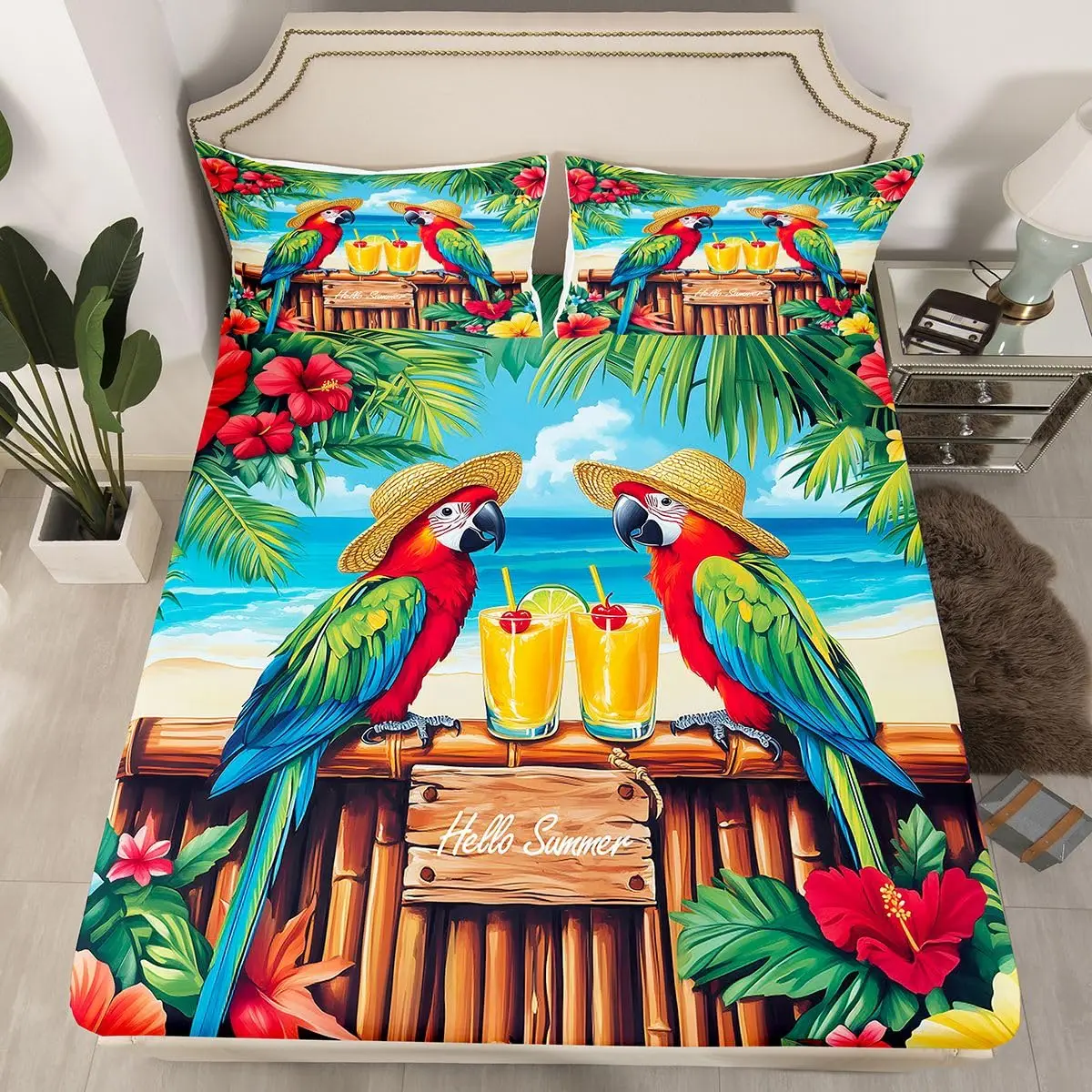 Cute Parrot Fitted Sheet Twin King,Palm Leaves Flower Bedding Set Tropical Jungle Bird Bed Sheet Hawaiian Nature Plant Sheet Set
