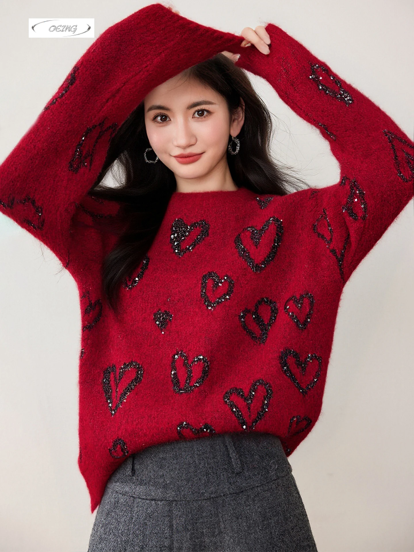 

Love Sequin Knitted Sweater for Women New Years Fashion Red Knitted Pullover Tops Autumn Winter Thick Sweet Loose Knitwear 9810