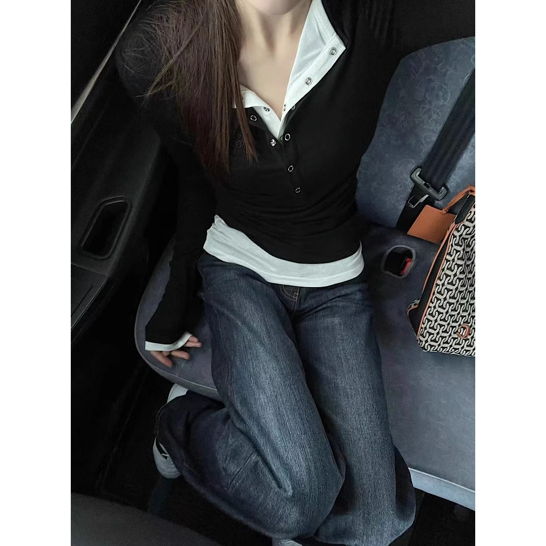Long Sleeve Layering T-Shirt Women 2 Piece Fake Out Slim Fit Top Poly Cotton Blend Basic Tee Y2K Unique Design Blouse