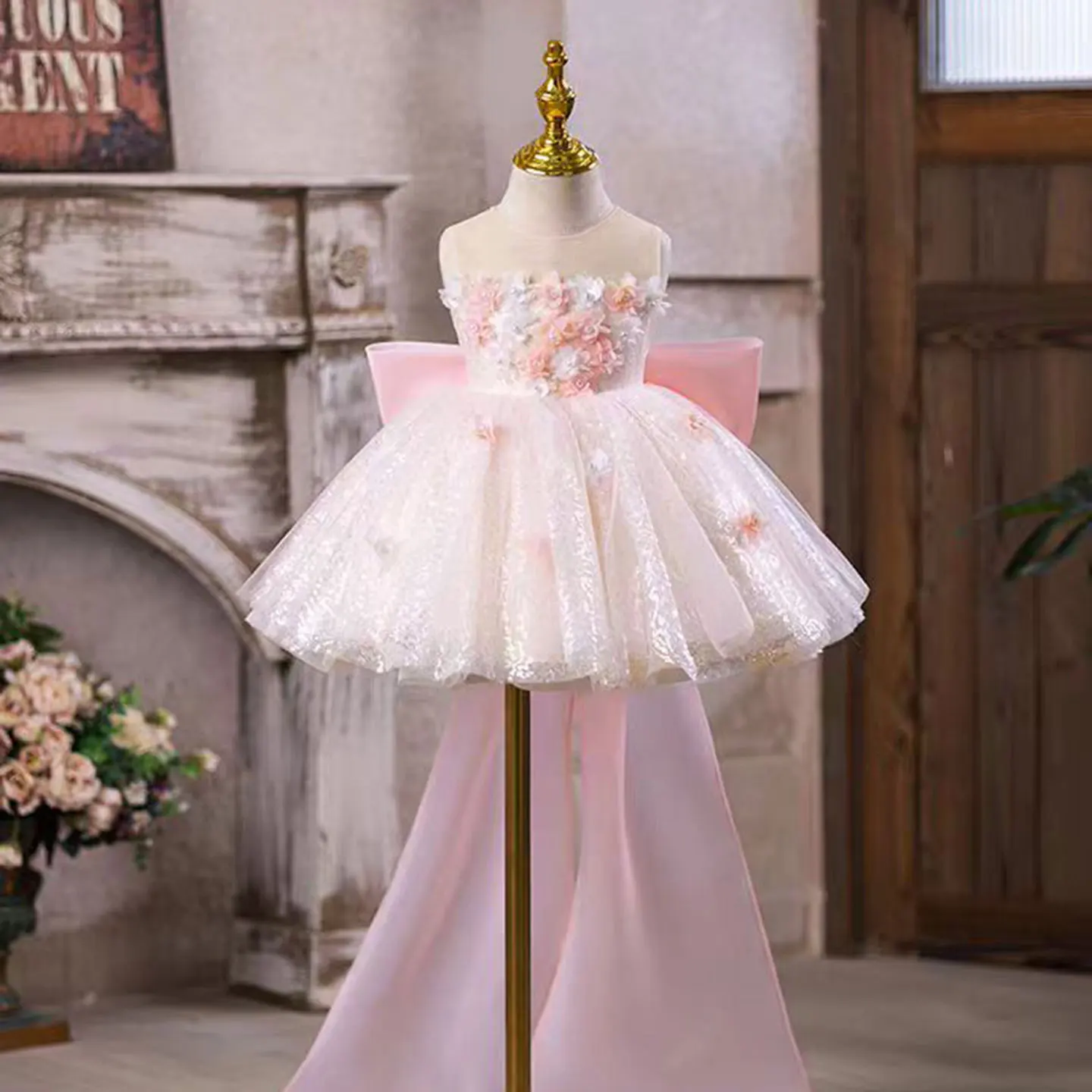 Jill Wish J548 Eleagnt Pink Flower Girl Dress Knee Length with Big Bow Princess Baby Wedding 1st Birthday Party Pageant Gown