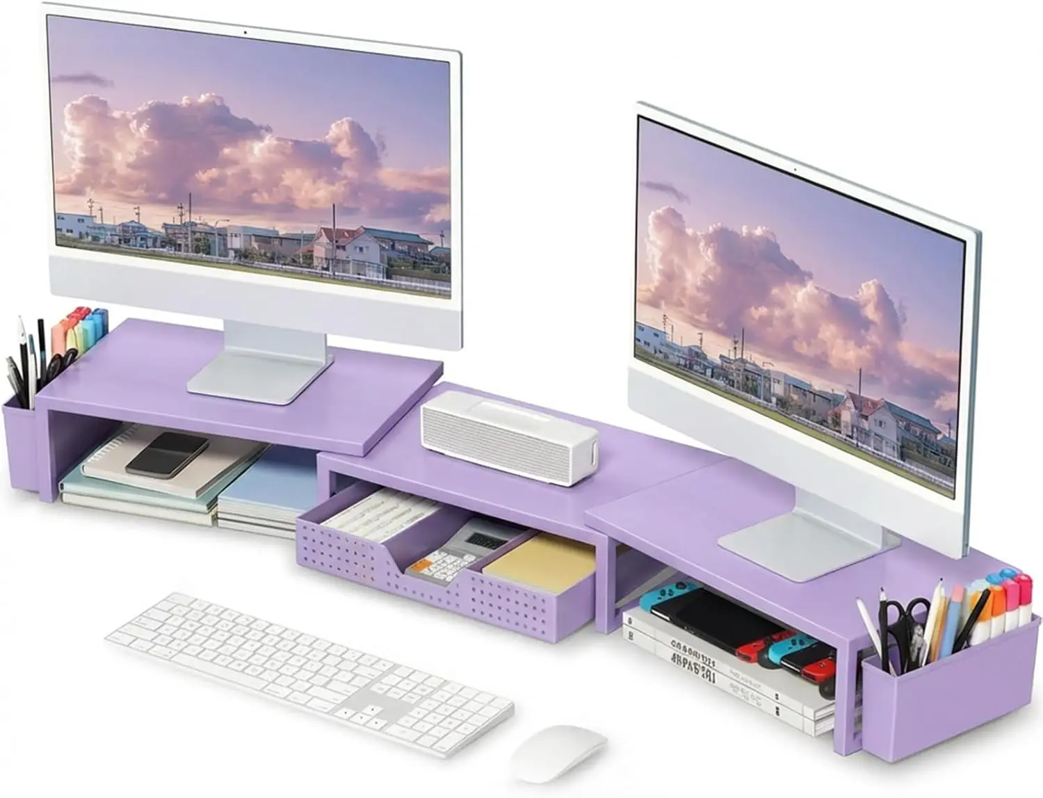 Dual Monitor Stand Riser with Drawer & Pen Holders, Purple Metal Desk Organizer