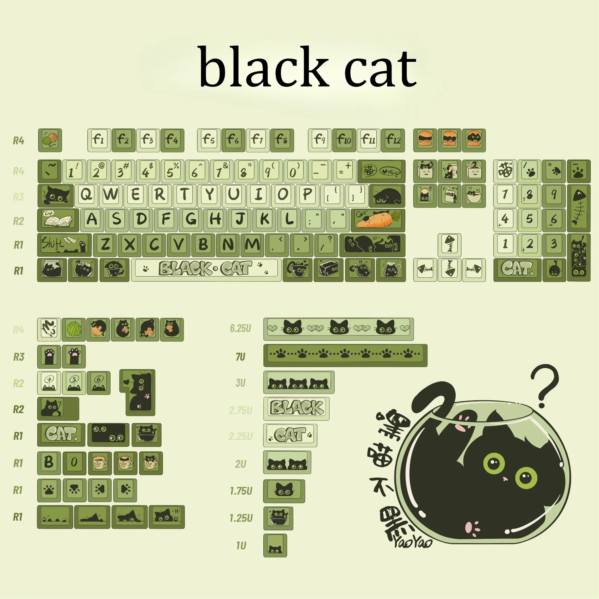 Cute Cat Keycap Five Sided Thermal Sublimation Smooth Feel Cherry Pbt 141 Key For 87/98/75 Black Cat Theme Green Keycap