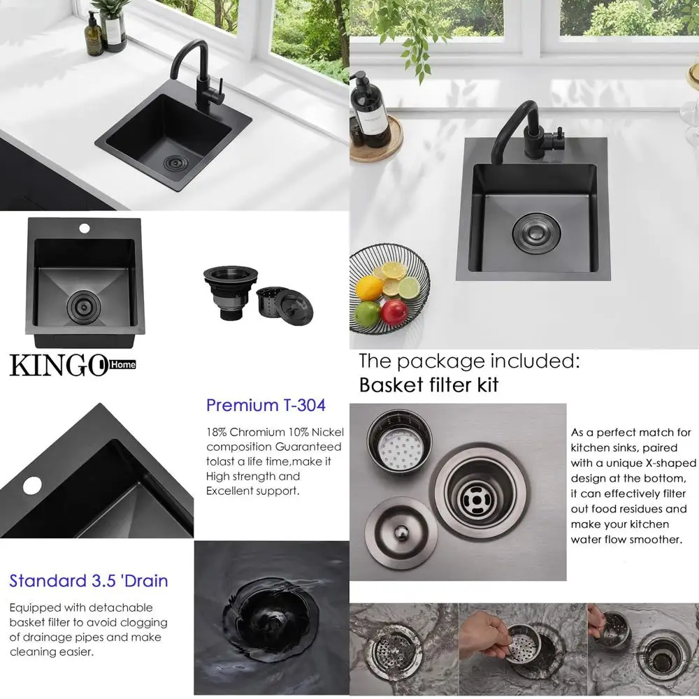 

Gunmetal Black Stainless Steel 16 Gauge Single Bowl Kitchen Sink, 13x15 Inch Top Mount RV Outdoor Camper Wet Bar Sink with Drain