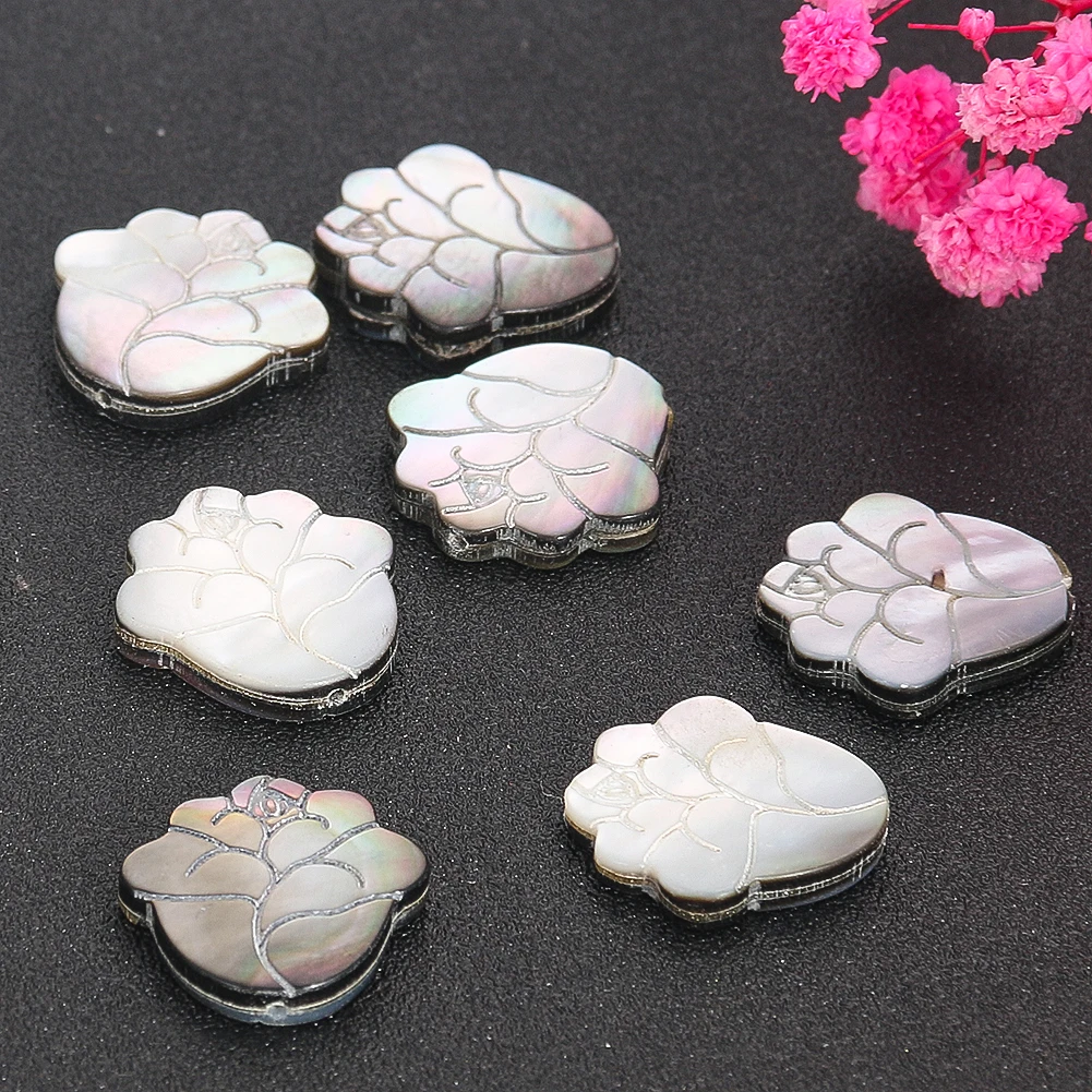 Natural Black Shell Double Sided Carved Flower Beads Aurora Charm Flatback Holes Spacer Beads DIY Earring Jewelry Accessories