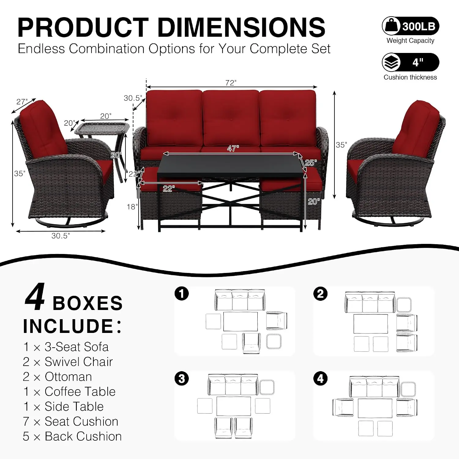 Wicker Patio Furniture 7pc Swivel Rocker Chairs Thickened Cushions High Back Deep Seating Wide Armrest Porch Deck, Customized
