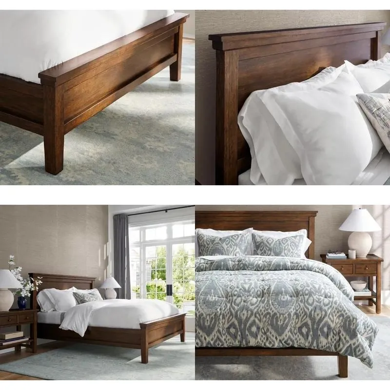 Modern farmhouse style solid wood platform bed, king size, stylish design, crack resistance, heavy duty, stable structure,
