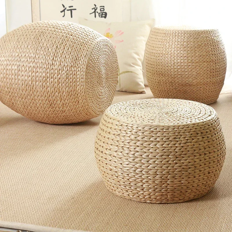31x31x20cm Japanese Style Round Footstool Rattan Woven Stool Small Non Slip Seat Bench Cushion Floor Pouf Straw Mat Home Decor
