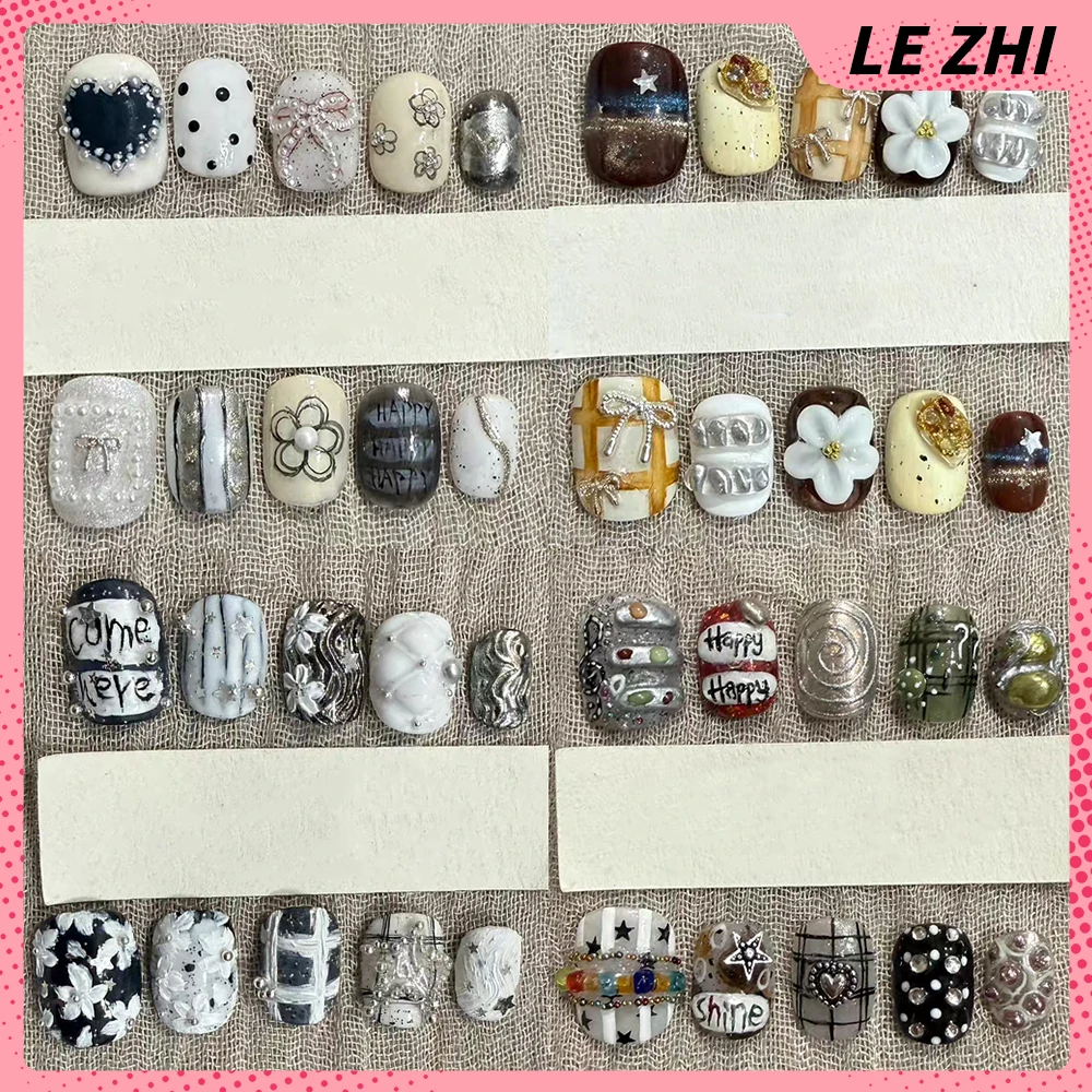 

Light Luxury Fashion Handmade Short Square Ruond Long Stilettos Press On Nails Flower Bowknot Pearl Rhinestone Fake Nails Gift