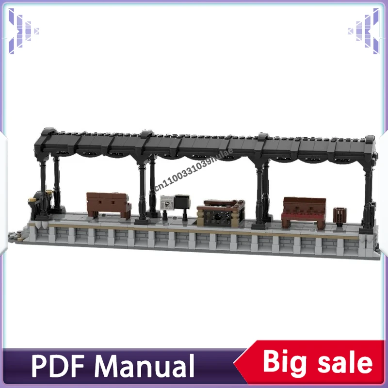 Vintage Railway Desktop Scene MOC Building Blocks, Detailed Steam Train Terminal Platform DIY Brick Model