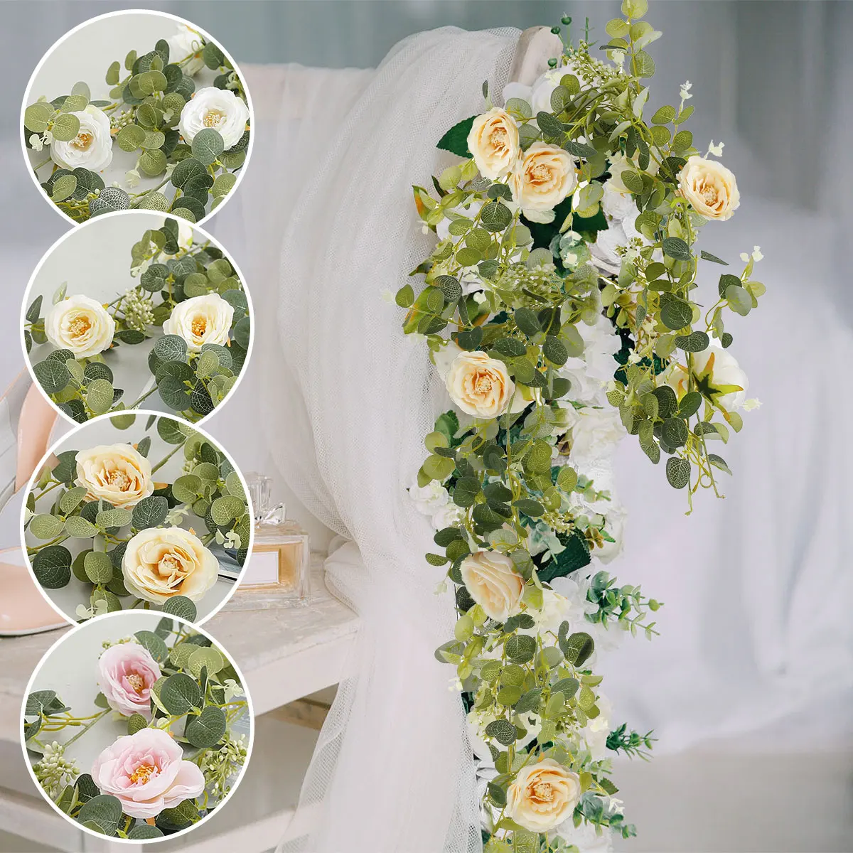 

2pcs Artificial Eucalyptus Garland 8 Flowers Simulation Camellias Vine Hanging Plant Rattan for Home Garden Party Wedding Decor