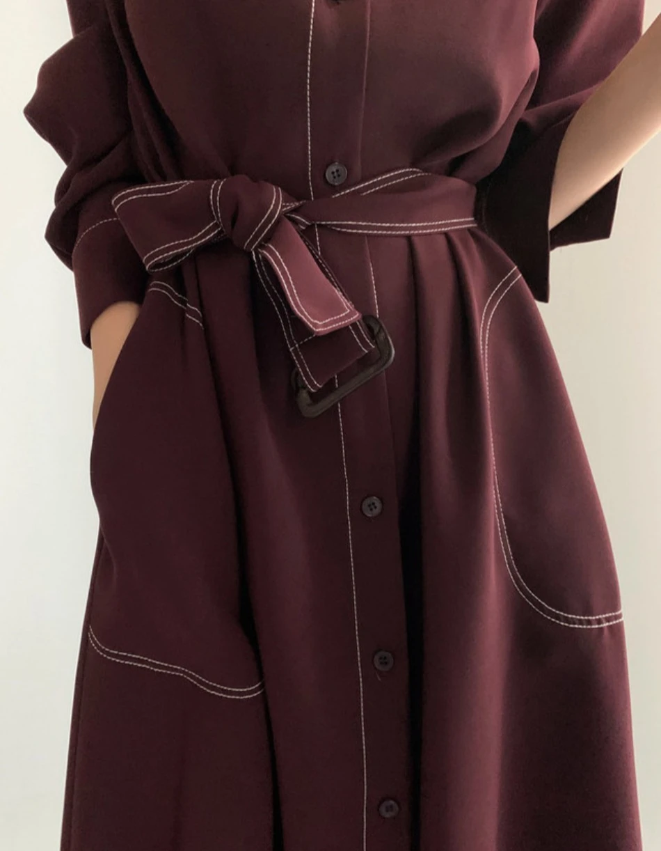 Neues Frühlings-Herbst-Einreihiges Damen-Hemdkleid mit Stehkragen, koreanischer Casual-Stil, gerade geschnitten, elegantes langes Kleid für Damen. – Detail 14