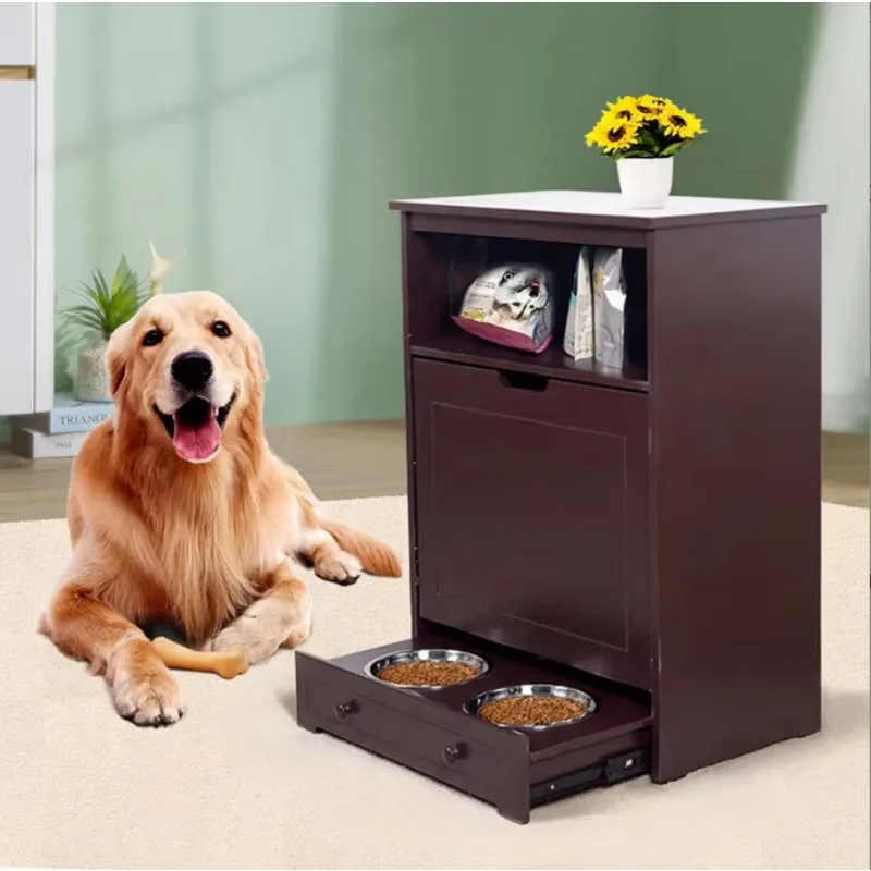 Wooden Pet Feeder Station with Raised Bowls, Integrated Food Storage Cabinet, Practical Feeding & Watering Supplies for DogsHome