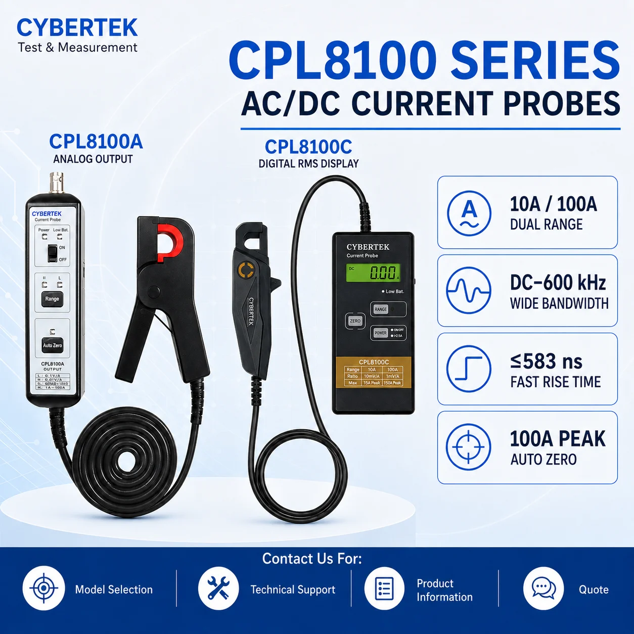 CYBERTEK CPL8100A (100A/600kHz) / CPL8100B (100A/2MHz) AC/DC Oscilloscope Current Probe, Dual-Range Clamp Sensor, Auto Zero