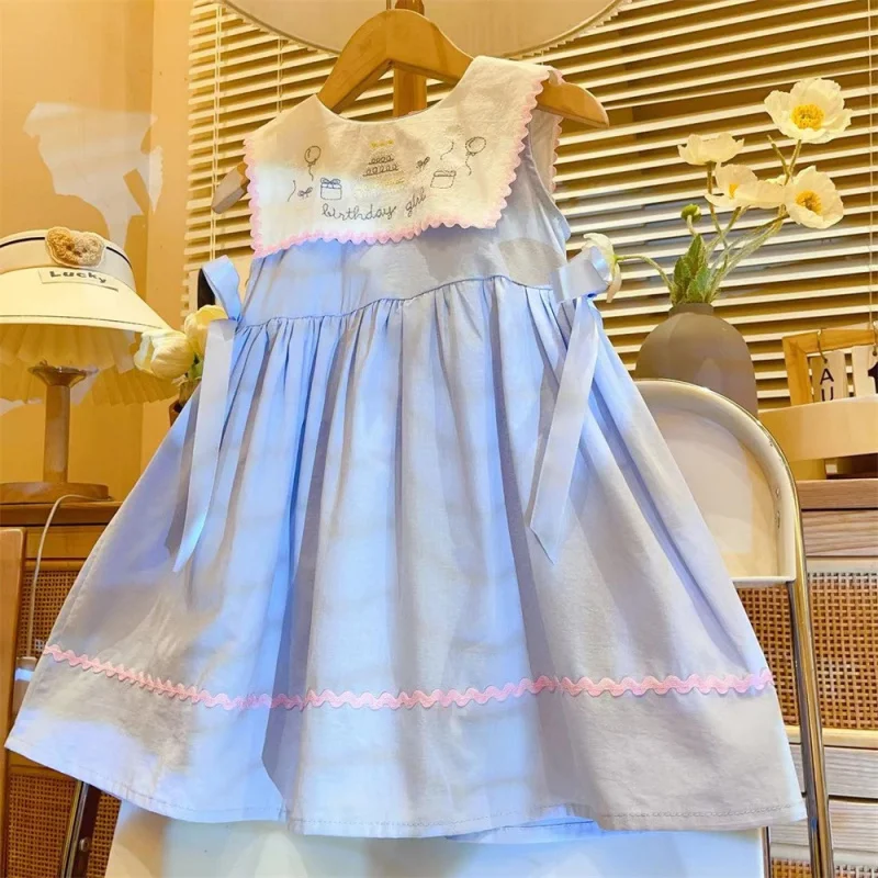 New Girls\' Summer Blue Heavy Industry Dress Baby Western Style Doll Collar Vest Skirt Cartoon Skirt