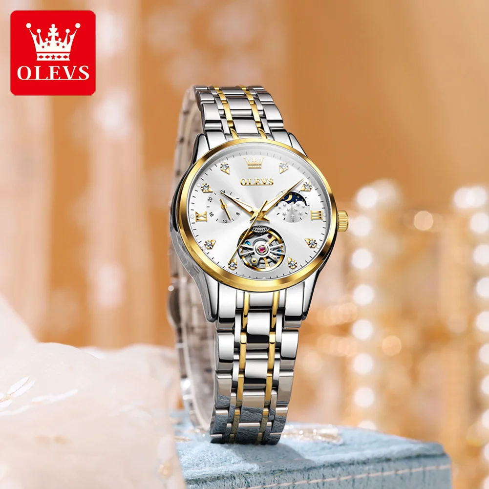 OLEVS Original Moonswatch for Women Automatic Mechanical Watch Skeleton Deisign Elegant Female Waterproof Clock Lady Wristwatch