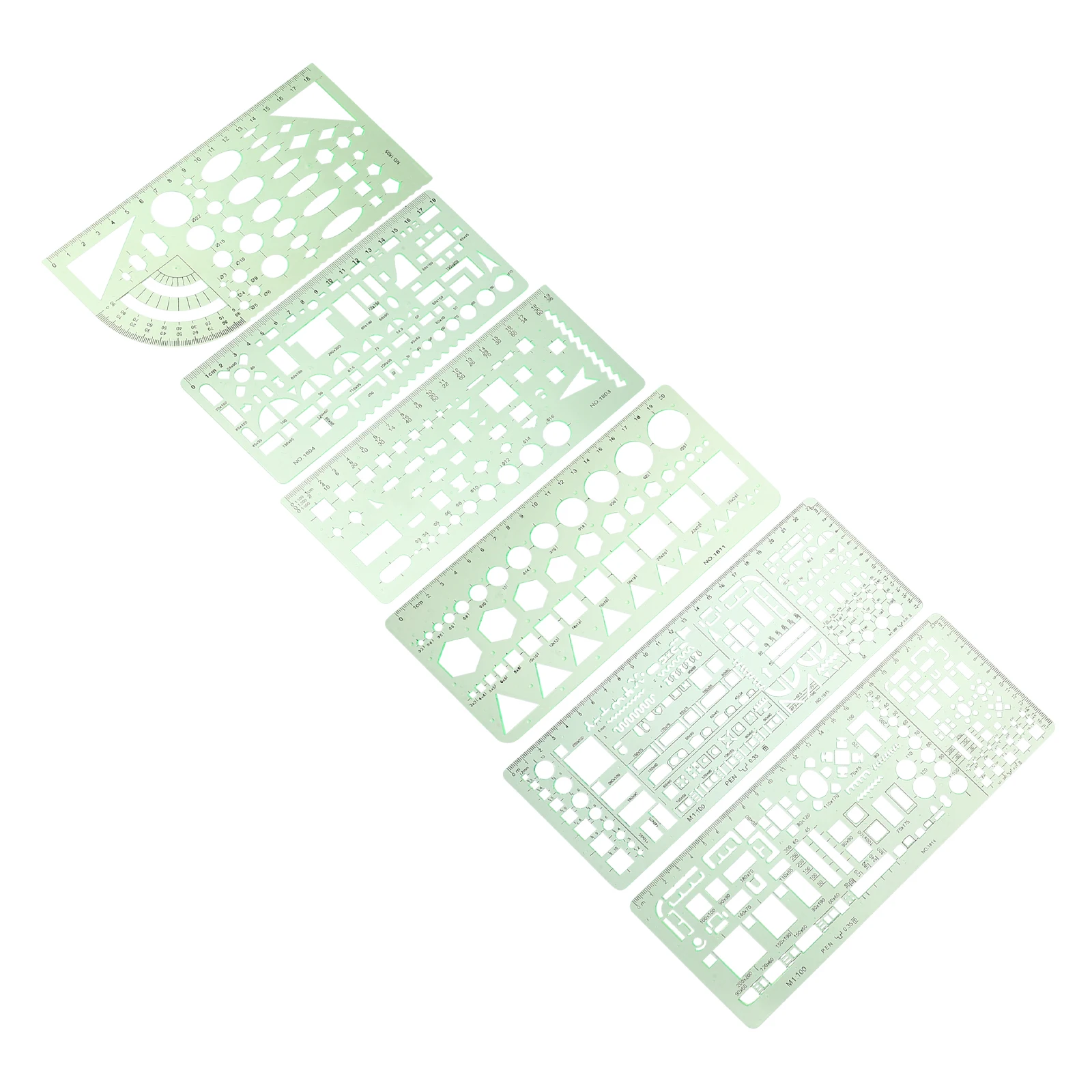 

1 set 6 Drawing Templates Metric Ruler Centimeters Transparent Green Plastic Geometry Stencils School Office Design