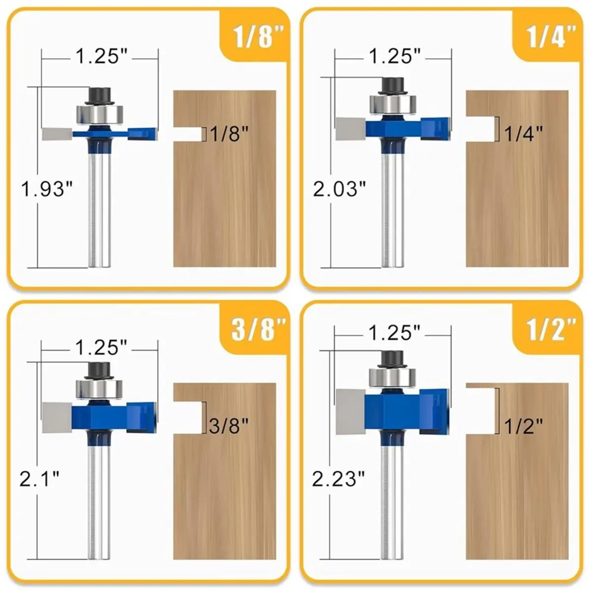 4 Pc Rabbet Router Bit Set, 1/4