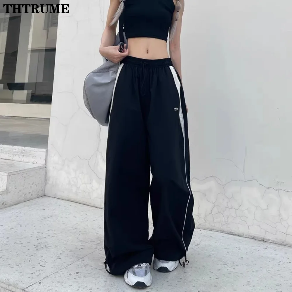 Harajuku Vintage Baggy Pants For Women Fashion Striped Print Pocket Elastic Waist Cargo Trousers Casual Streetwear Wide Leg Pant