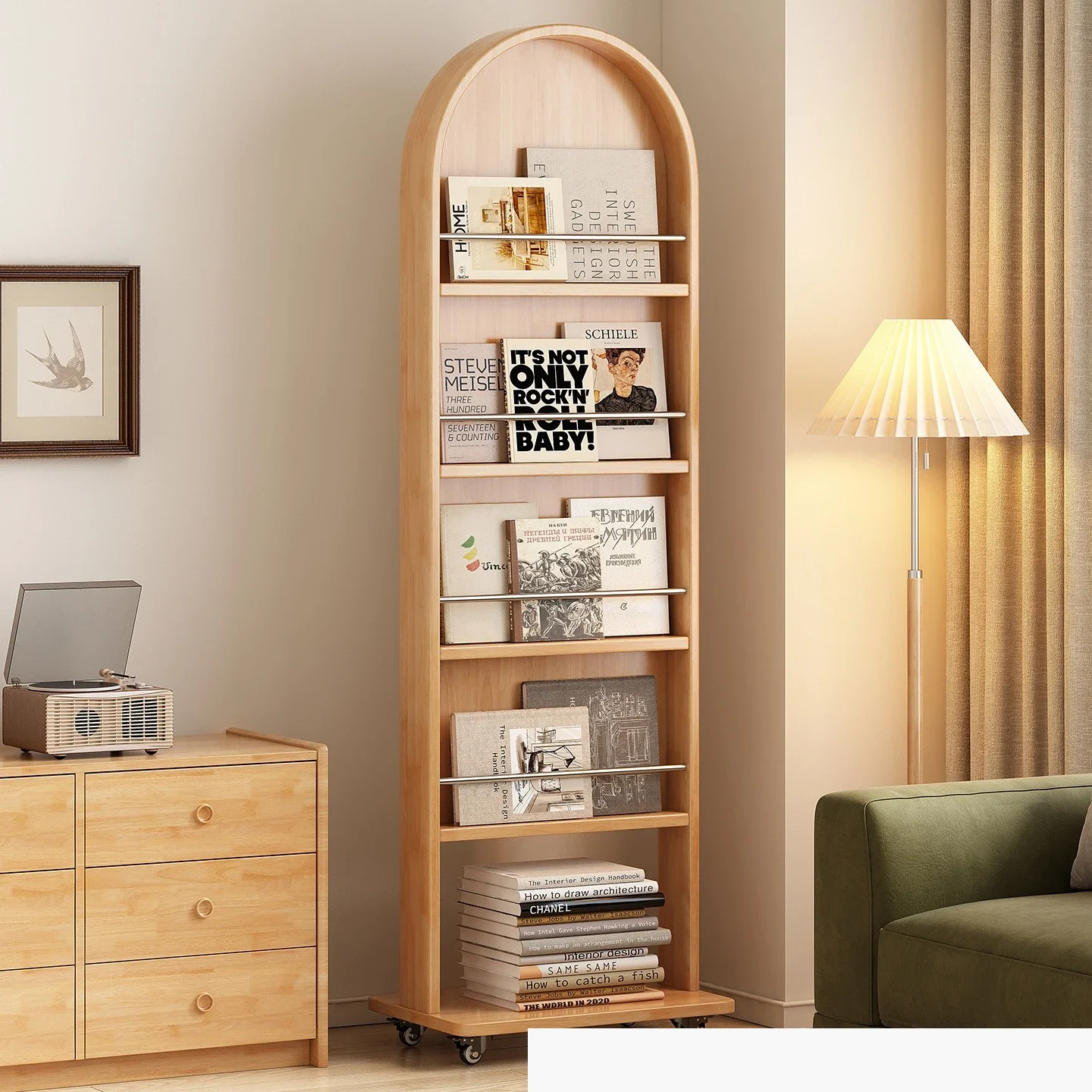 Medieval solid wood rotating full-length  movable full-body floor  household magazine bookshelf storage fitting mirr