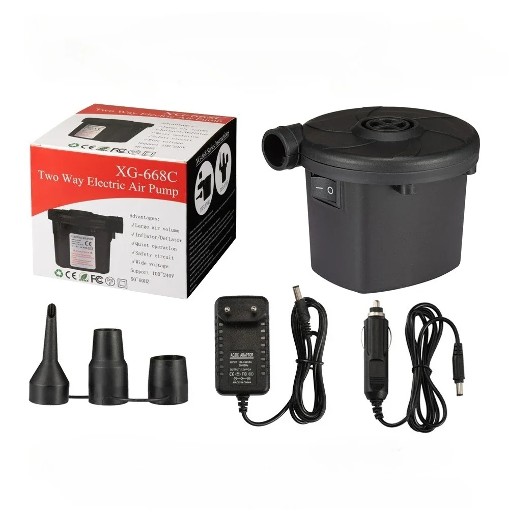 

Portable electric air pump with multiple nozzles for quick and easy inflation of air mattresses, pool rafts and inflatable toys