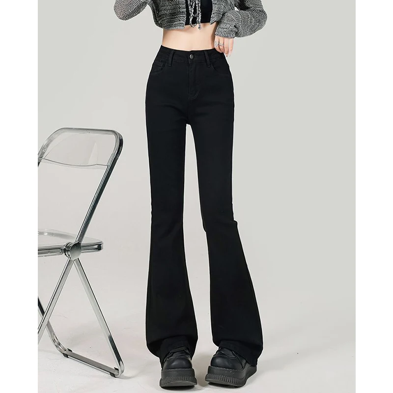 

2025 классические дизайнерские джинсы с высокой талией для девочек, женские корейские повседневные тонкие расклешенные брюки, женские модные узкие джинсовые брюки