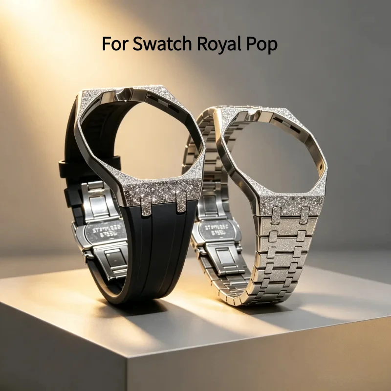  For Swatch Royal Pop Series Watch Replacement Accessories New Modified Sandblasted Stainless Steel Watch Case & Strap Set