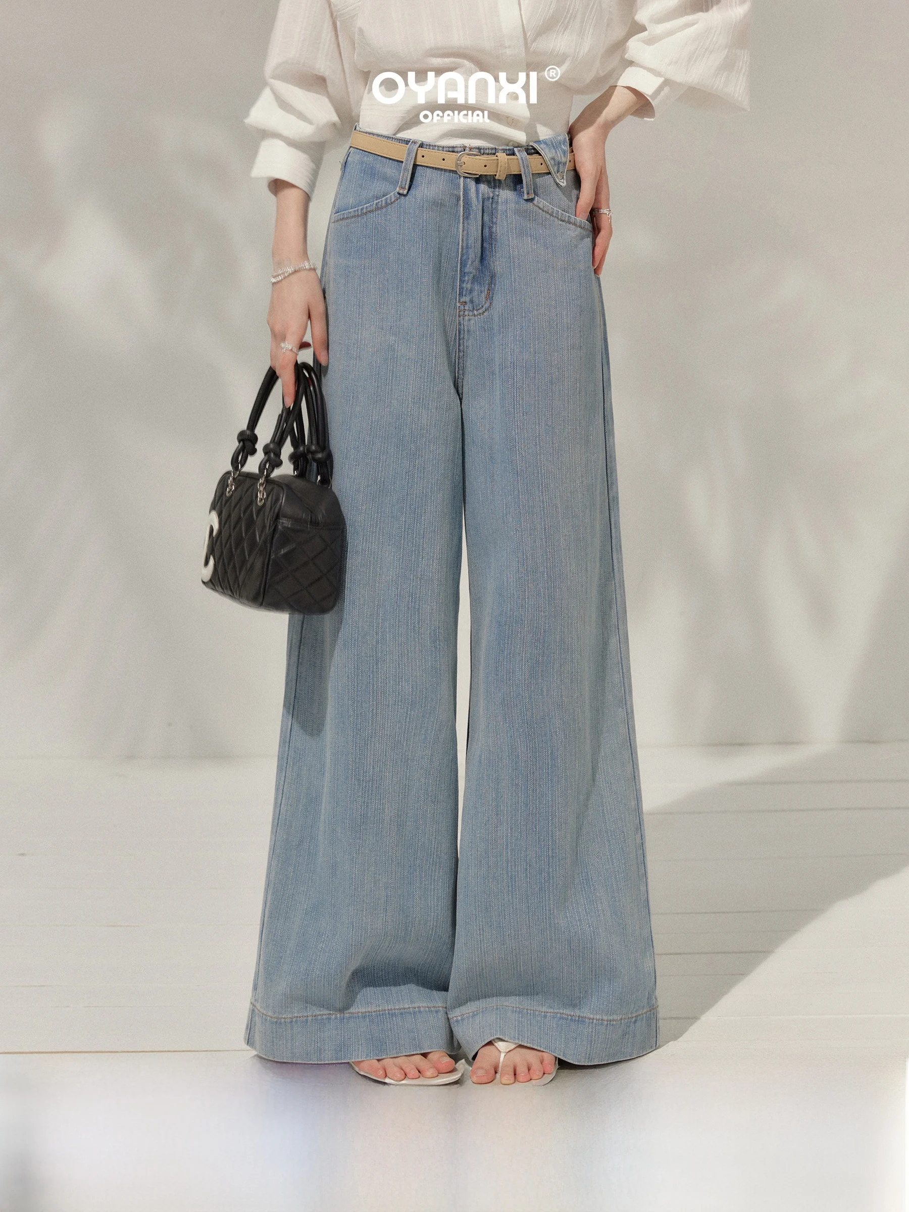 

Blue Wide Leg Jeans Women's Loose Straight Casual Pants Summer New Style Ice Silk Cicada Sound by Wang Xuan High Waist Zipper