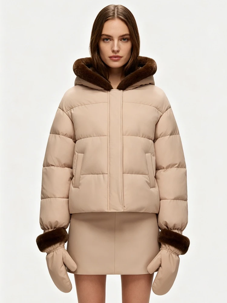 2026 Fashion Winter Women's Cotton-padded Jacket Short Parkas Hooded Fur Collar Thicken Warm Coat Casual Outerwear Have Gloves