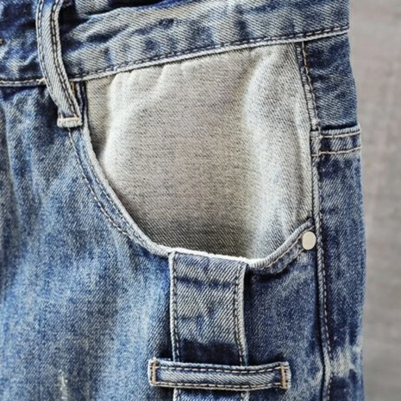 남성용 짧은 청바지 바지 포켓 세탁 블루 남성 데님 반바지 판매 한국 패션 Jorts 얇은 여름 streetwear Original Xl