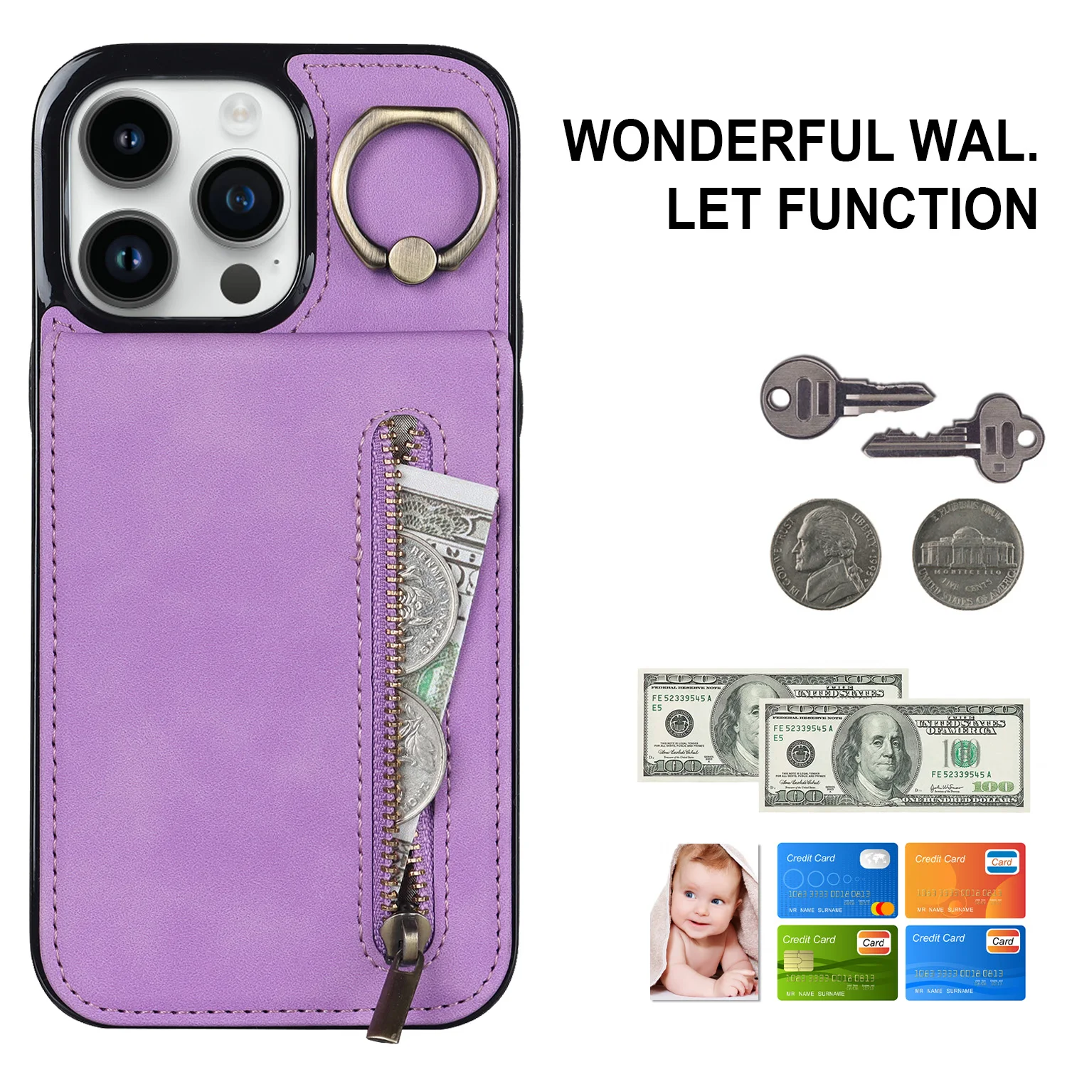 Zipper Leather Wallet Vertical Cards Solt Ring Holder Case For iPhone 14 15 Pro Max 13 12 11 XR 7 8 Plus SE 2022 RFID Bag Cover