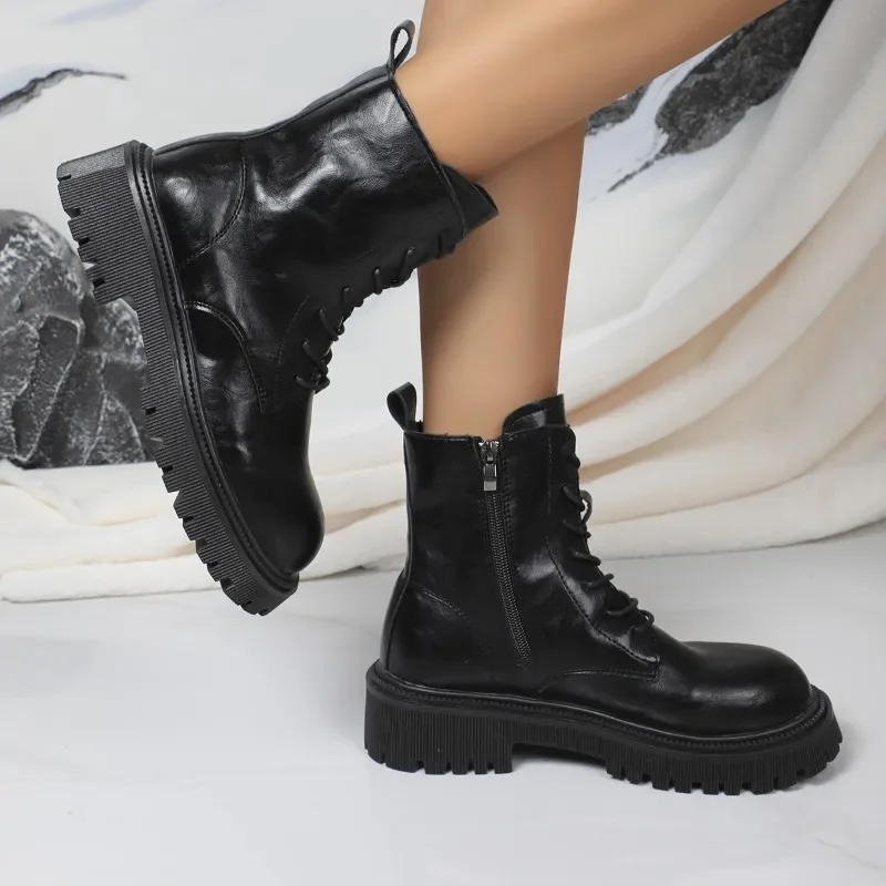 2024 New Women's Shoes Side Zipper Women's Boots Fashion Front Lace-up Modern Boots Women Winter Plus Size Solid Mid-Calf Boots