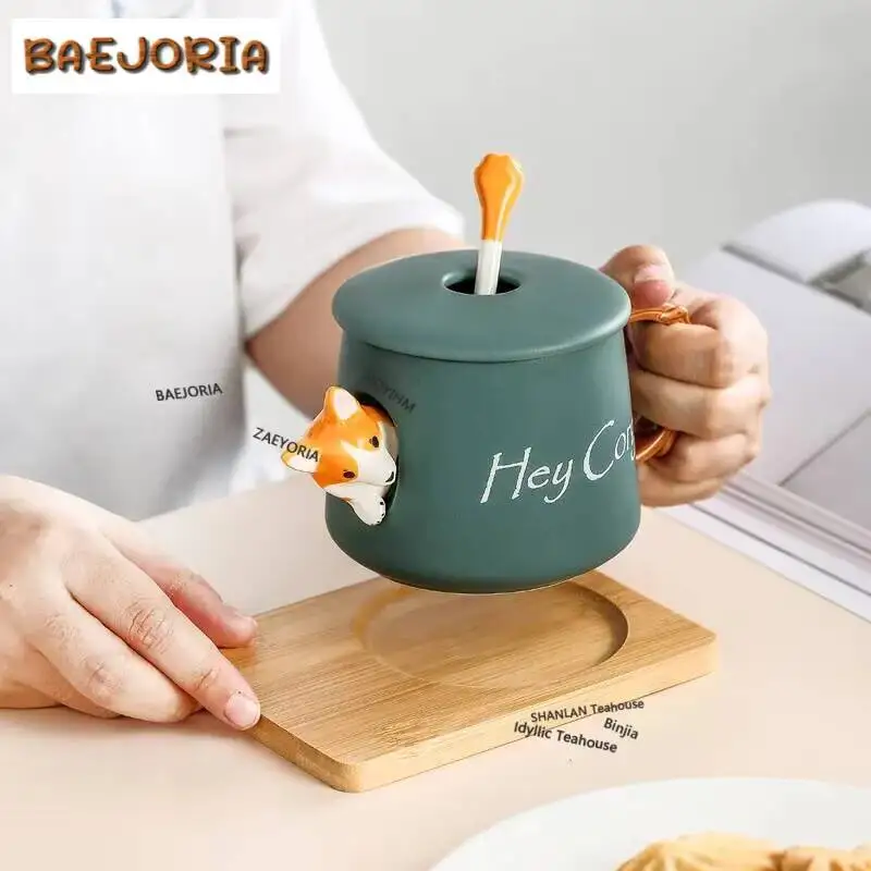 420ml Cute Corgi Ceramic Coffee Mug Comes With Lid Spoon Drinking Glasses Home Office Couples Kawaii Cup Beautiful Tea Mugs