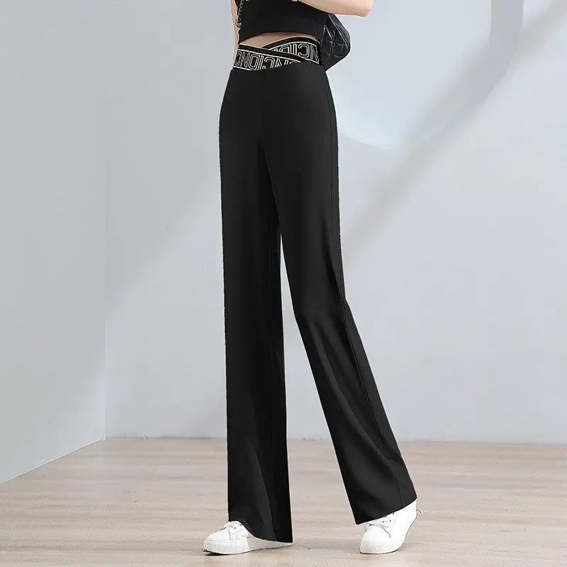 Spring Autumn Fashion Women's Solid Color Black White Wide Leg Trousers Female Casual Trendy Simple Basic Elastic Pants Clothes