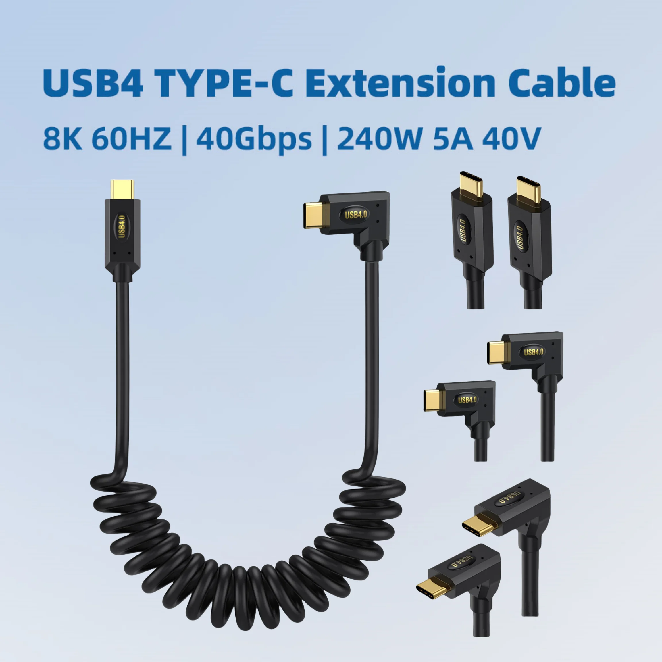 Spring Retractable USB4 Dual-Port Type-C Cable 240W (48V/5A) 8K 60Hz Thunderbolt Laptop Cable 40Gbps High-Speed Coaxial PD 1.2m