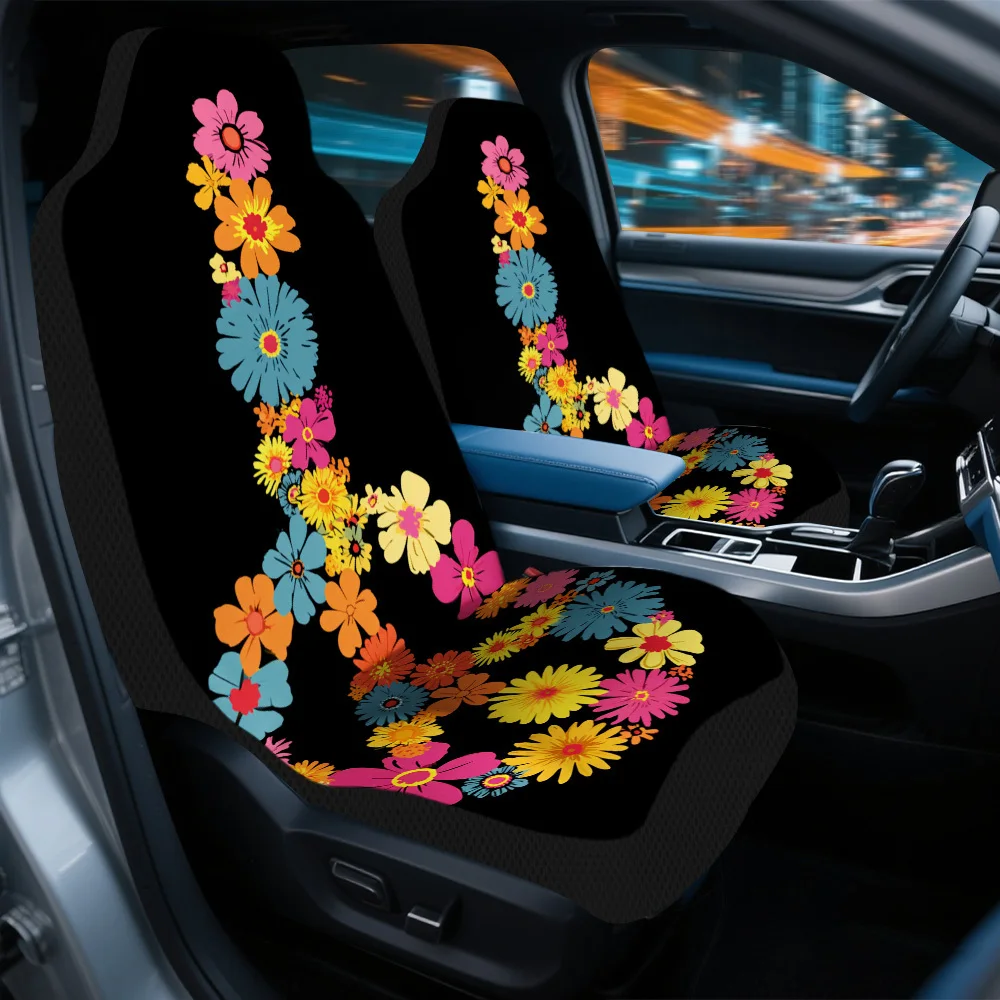 2pcs Flower Peace Symbol Themed Car Seat Cover Set – Full Set For 2 Front Seats, Universal Fit, Durable Design, High-Quality Pro