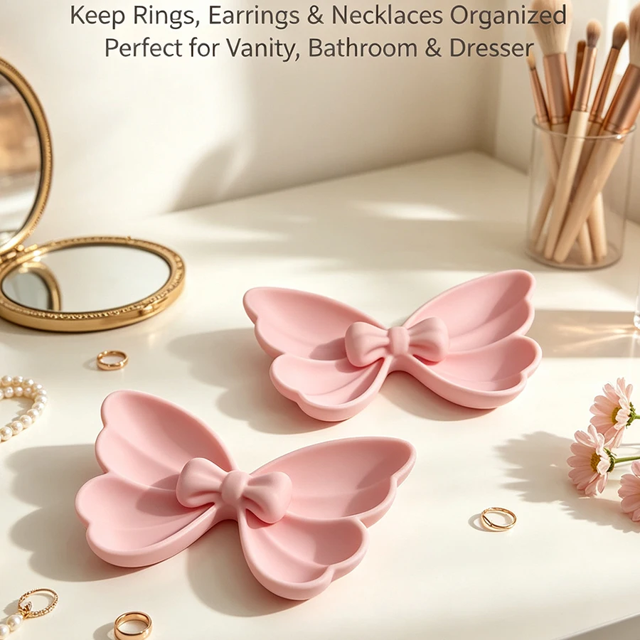 2Pcs Bow-Shaped Daily Jewelry Storage Tray, 3D Three-Dimensional Scallop-Shaped Lace Bow Design, Soft Pink Matte Texture, Smooth Touch, Durable Material, Divided Storage for Rings, Earrings, Necklaces, Bracelets, Small Accessories, Vanity Table Storage Tray for Small Items, Bedside Table Jewelry Holder, Compact Size, Space-Saving, Portable for Travel, Bedroom Countertop Home Decor, Daily Home Storage