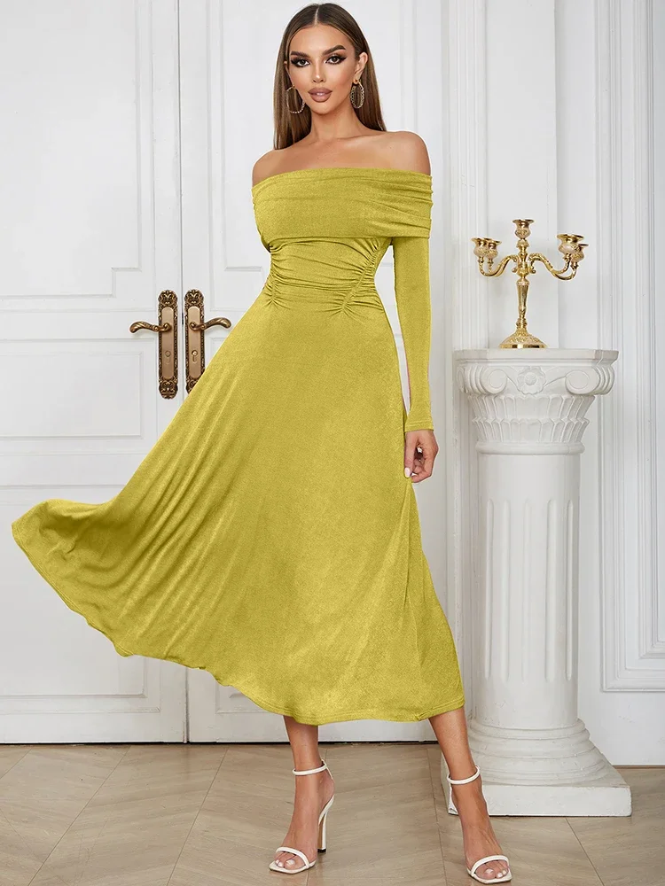 

Sexy Off The Shoulder Patchwork Folds Long Dress Women Long Sleeve Slim A-line Dresses Evening Party Cocktail Gowns