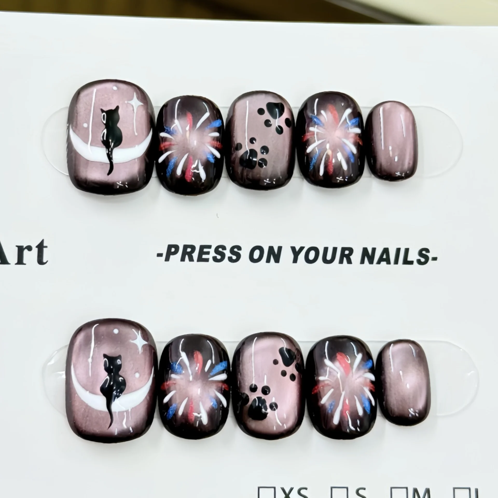 10개 블루 캣츠아이 수제 인조 손톱 아트 완성형 오로라 짧은 스퀘어 라운드 페이크 네일 팁 행성 디자인 프레스온 네일