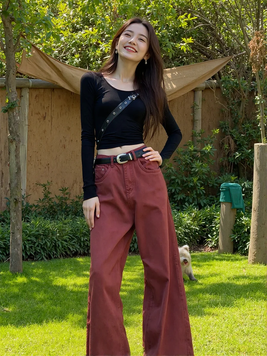 Boden, weites Bein, rot, lockere Jeans für Damen, braun, Kaffeefarbe, Passform, lässig, hohe Taille, modische Damenhose, Streetwear, bequem