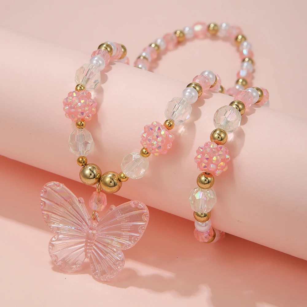 2Pcs/set Pink Butterfly Charm Necklace Bracelet Princess Girl Jewelry Set for Daughter Niece Best Party Birthday Gifts